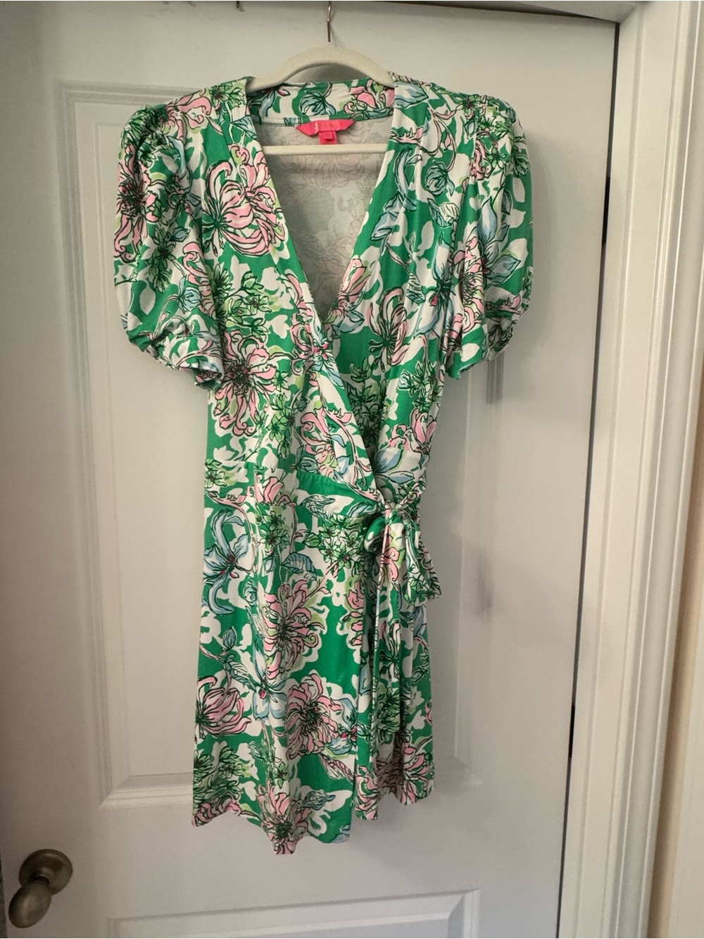Lilly Pulitzer Green Floral Wrap Dress with Pink and White Flowers